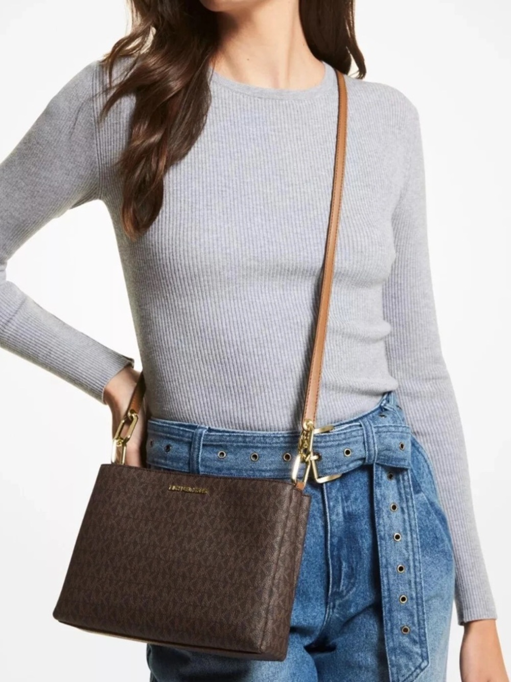 MICHAEL KORS TRISHA TRIPLE COMPARTMENT CROSSBODY MEDIUM MESSENGER BAG BROWN LOGO